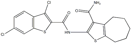 2-{[(3,6-dichloro-1-benzothien-2-yl)carbonyl]amino}-5,6,7,8-tetrahydro-4H-cyclohepta[b]thiophene-3-carboxamide Structure