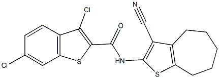 3,6-dichloro-N-(3-cyano-5,6,7,8-tetrahydro-4H-cyclohepta[b]thien-2-yl)-1-benzothiophene-2-carboxamide Struktur