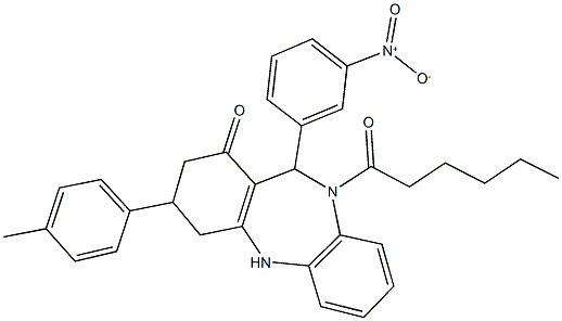 10-hexanoyl-11-{3-nitrophenyl}-3-(4-methylphenyl)-2,3,4,5,10,11-hexahydro-1H-dibenzo[b,e][1,4]diazepin-1-one Structure