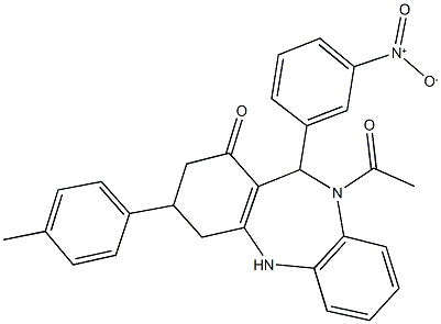 10-acetyl-11-{3-nitrophenyl}-3-(4-methylphenyl)-2,3,4,5,10,11-hexahydro-1H-dibenzo[b,e][1,4]diazepin-1-one,438538-01-3,结构式