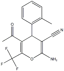 5-acetyl-2-amino-4-(2-methylphenyl)-6-(trifluoromethyl)-4H-pyran-3-carbonitrile 结构式