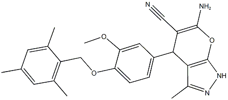 6-amino-4-[4-(mesitylmethoxy)-3-methoxyphenyl]-3-methyl-1,4-dihydropyrano[2,3-c]pyrazole-5-carbonitrile Structure