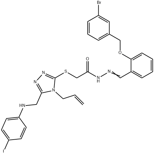 2-({4-allyl-5-[(4-iodoanilino)methyl]-4H-1,2,4-triazol-3-yl}sulfanyl)-N'-{2-[(3-bromobenzyl)oxy]benzylidene}acetohydrazide 化学構造式