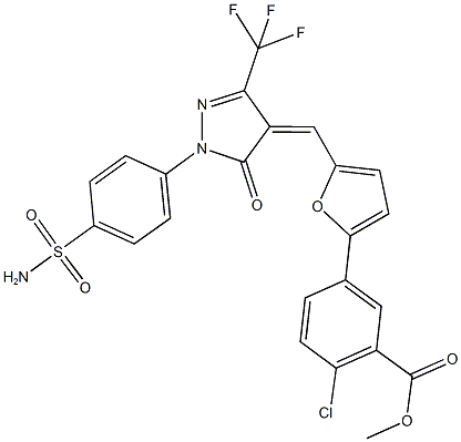 methyl 5-(5-{[1-[4-(aminosulfonyl)phenyl]-5-oxo-3-(trifluoromethyl)-1,5-dihydro-4H-pyrazol-4-ylidene]methyl}-2-furyl)-2-chlorobenzoate,439294-28-7,结构式