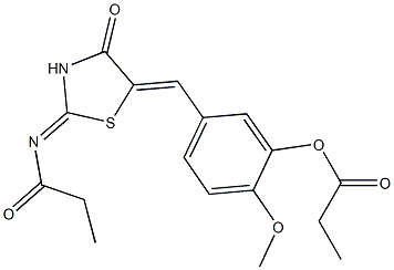 2-methoxy-5-{[4-oxo-2-(propionylimino)-1,3-thiazolidin-5-ylidene]methyl}phenyl propionate Struktur