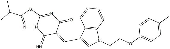 5-imino-2-isopropyl-6-({1-[2-(4-methylphenoxy)ethyl]-1H-indol-3-yl}methylene)-5,6-dihydro-7H-[1,3,4]thiadiazolo[3,2-a]pyrimidin-7-one 结构式