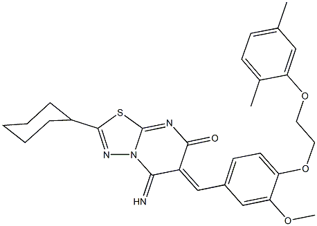 2-cyclohexyl-6-{4-[2-(2,5-dimethylphenoxy)ethoxy]-3-methoxybenzylidene}-5-imino-5,6-dihydro-7H-[1,3,4]thiadiazolo[3,2-a]pyrimidin-7-one Structure