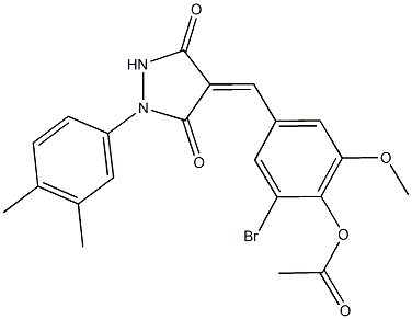 2-bromo-4-{[1-(3,4-dimethylphenyl)-3,5-dioxo-4-pyrazolidinylidene]methyl}-6-methoxyphenyl acetate 化学構造式