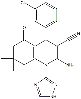 2-amino-4-(3-chlorophenyl)-7,7-dimethyl-5-oxo-1-(1H-1,2,4-triazol-3-yl)-1,4,5,6,7,8-hexahydro-3-quinolinecarbonitrile,442523-54-8,结构式