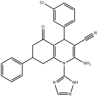 2-amino-4-(3-chlorophenyl)-5-oxo-7-phenyl-1-(1H-1,2,4-triazol-3-yl)-1,4,5,6,7,8-hexahydro-3-quinolinecarbonitrile|