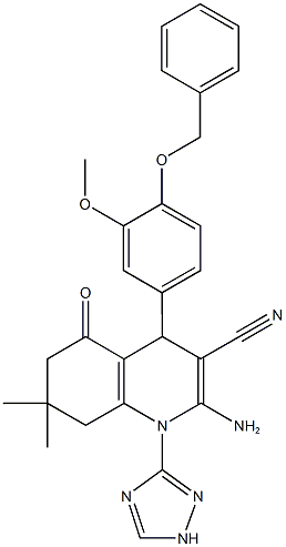 2-amino-4-[4-(benzyloxy)-3-methoxyphenyl]-7,7-dimethyl-5-oxo-1-(1H-1,2,4-triazol-3-yl)-1,4,5,6,7,8-hexahydro-3-quinolinecarbonitrile,442523-60-6,结构式