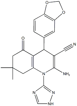 2-amino-4-(1,3-benzodioxol-5-yl)-7,7-dimethyl-5-oxo-1-(1H-1,2,4-triazol-3-yl)-1,4,5,6,7,8-hexahydro-3-quinolinecarbonitrile|