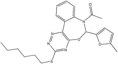 7-acetyl-3-(hexylsulfanyl)-6-(5-methyl-2-furyl)-6,7-dihydro[1,2,4]triazino[5,6-d][3,1]benzoxazepine Struktur