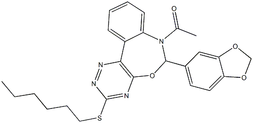 7-acetyl-6-(1,3-benzodioxol-5-yl)-6,7-dihydro[1,2,4]triazino[5,6-d][3,1]benzoxazepin-3-yl hexyl sulfide,442646-22-2,结构式