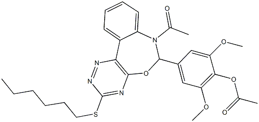 4-[7-acetyl-3-(hexylsulfanyl)-6,7-dihydro[1,2,4]triazino[5,6-d][3,1]benzoxazepin-6-yl]-2,6-dimethoxyphenyl acetate,442646-36-8,结构式