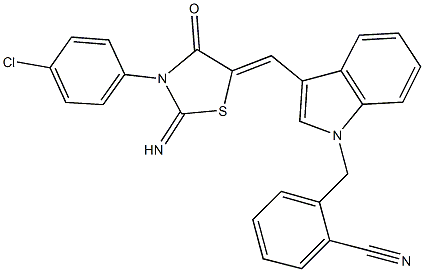 2-[(3-{[3-(4-chlorophenyl)-2-imino-4-oxo-1,3-thiazolidin-5-ylidene]methyl}-1H-indol-1-yl)methyl]benzonitrile Struktur