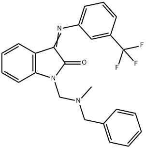1-{[benzyl(methyl)amino]methyl}-3-{[3-(trifluoromethyl)phenyl]imino}-1,3-dihydro-2H-indol-2-one 化学構造式