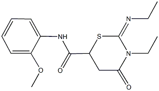 3-ethyl-2-(ethylimino)-N-(2-methoxyphenyl)-4-oxo-1,3-thiazinane-6-carboxamide 结构式