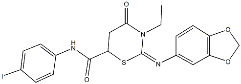 2-(1,3-benzodioxol-5-ylimino)-3-ethyl-N-(4-iodophenyl)-4-oxo-1,3-thiazinane-6-carboxamide 结构式