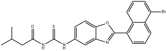 N-[2-(5-bromo-1-naphthyl)-1,3-benzoxazol-5-yl]-N'-(3-methylbutanoyl)thiourea Struktur