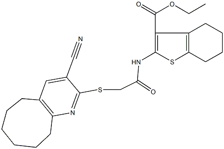 ethyl 2-({[(3-cyano-5,6,7,8,9,10-hexahydrocycloocta[b]pyridin-2-yl)sulfanyl]acetyl}amino)-4,5,6,7-tetrahydro-1-benzothiophene-3-carboxylate 结构式