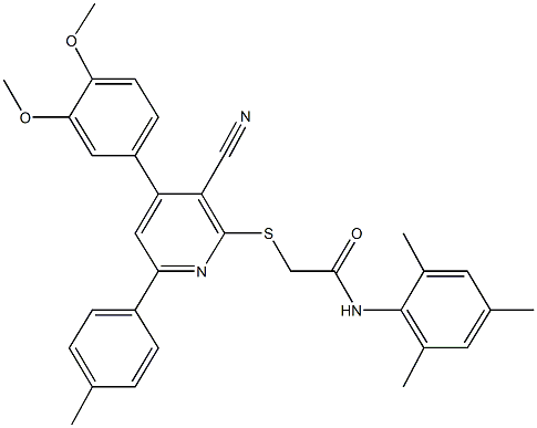 2-{[3-cyano-4-(3,4-dimethoxyphenyl)-6-(4-methylphenyl)-2-pyridinyl]sulfanyl}-N-mesitylacetamide,443740-33-8,结构式