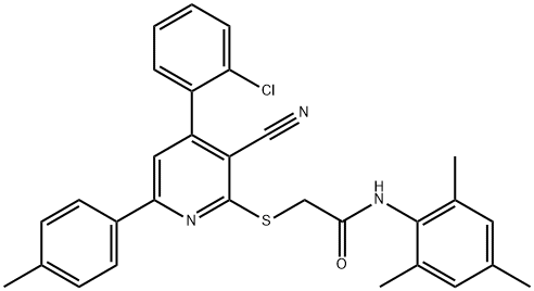 2-{[4-(2-chlorophenyl)-3-cyano-6-(4-methylphenyl)-2-pyridinyl]sulfanyl}-N-mesitylacetamide 化学構造式