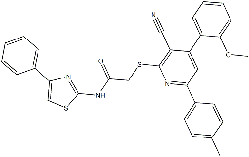 2-{[3-cyano-4-(2-methoxyphenyl)-6-(4-methylphenyl)-2-pyridinyl]sulfanyl}-N-(4-phenyl-1,3-thiazol-2-yl)acetamide 结构式