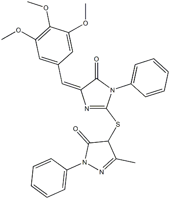 5-methyl-4-{[5-oxo-1-phenyl-4-(3,4,5-trimethoxybenzylidene)-4,5-dihydro-1H-imidazol-2-yl]sulfanyl}-2-phenyl-2,4-dihydro-3H-pyrazol-3-one Structure