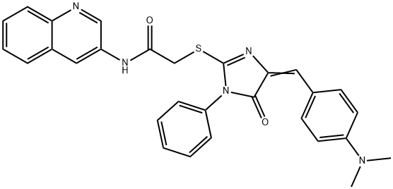 2-({4-[4-(dimethylamino)benzylidene]-5-oxo-1-phenyl-4,5-dihydro-1H-imidazol-2-yl}sulfanyl)-N-(3-quinolinyl)acetamide 化学構造式