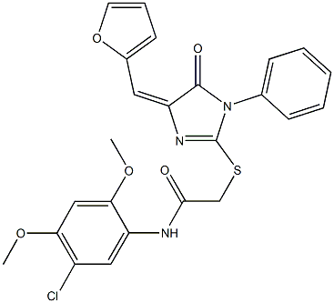 N-(5-chloro-2,4-dimethoxyphenyl)-2-{[4-(2-furylmethylene)-5-oxo-1-phenyl-4,5-dihydro-1H-imidazol-2-yl]sulfanyl}acetamide Struktur