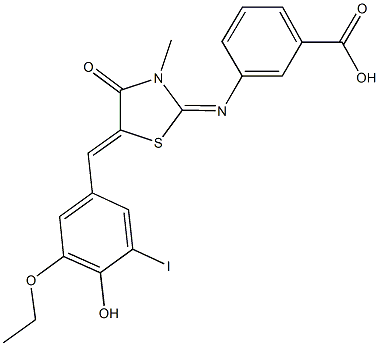 3-{[5-(3-ethoxy-4-hydroxy-5-iodobenzylidene)-3-methyl-4-oxo-1,3-thiazolidin-2-ylidene]amino}benzoic acid Struktur
