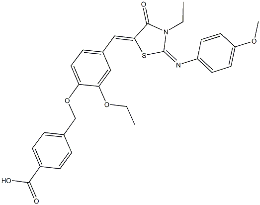 4-{[2-ethoxy-4-({3-ethyl-2-[(4-methoxyphenyl)imino]-4-oxo-1,3-thiazolidin-5-ylidene}methyl)phenoxy]methyl}benzoic acid 结构式