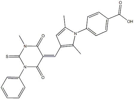 4-{2,5-dimethyl-3-[(1-methyl-4,6-dioxo-3-phenyl-2-thioxotetrahydro-5(2H)-pyrimidinylidene)methyl]-1H-pyrrol-1-yl}benzoic acid Struktur