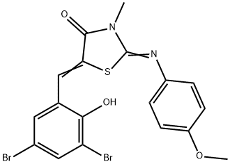 5-(3,5-dibromo-2-hydroxybenzylidene)-2-[(4-methoxyphenyl)imino]-3-methyl-1,3-thiazolidin-4-one 化学構造式