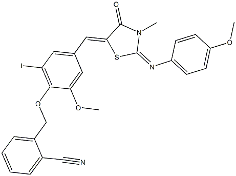 2-{[2-iodo-6-methoxy-4-({2-[(4-methoxyphenyl)imino]-3-methyl-4-oxo-1,3-thiazolidin-5-ylidene}methyl)phenoxy]methyl}benzonitrile Struktur