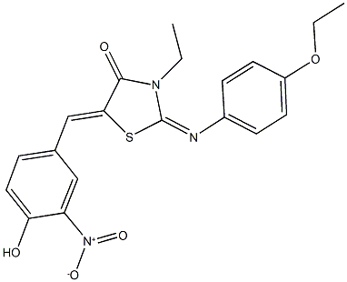 2-[(4-ethoxyphenyl)imino]-3-ethyl-5-{4-hydroxy-3-nitrobenzylidene}-1,3-thiazolidin-4-one Struktur