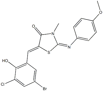 5-(5-bromo-3-chloro-2-hydroxybenzylidene)-2-[(4-methoxyphenyl)imino]-3-methyl-1,3-thiazolidin-4-one Struktur