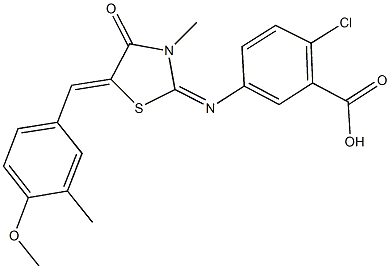 2-chloro-5-{[5-(4-methoxy-3-methylbenzylidene)-3-methyl-4-oxo-1,3-thiazolidin-2-ylidene]amino}benzoic acid,443874-63-3,结构式