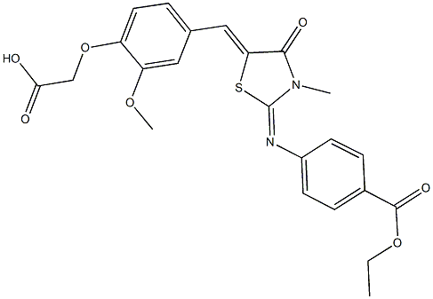 {4-[(2-{[4-(ethoxycarbonyl)phenyl]imino}-3-methyl-4-oxo-1,3-thiazolidin-5-ylidene)methyl]-2-methoxyphenoxy}acetic acid 结构式