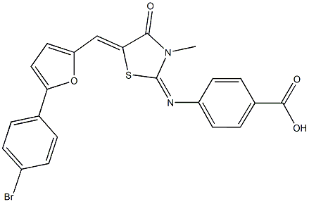 4-[(5-{[5-(4-bromophenyl)-2-furyl]methylene}-3-methyl-4-oxo-1,3-thiazolidin-2-ylidene)amino]benzoic acid Struktur