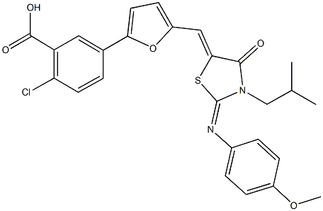 2-chloro-5-[5-({3-isobutyl-2-[(4-methoxyphenyl)imino]-4-oxo-1,3-thiazolidin-5-ylidene}methyl)-2-furyl]benzoic acid,443875-14-7,结构式