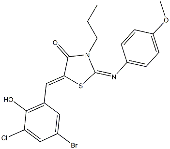 5-(5-bromo-3-chloro-2-hydroxybenzylidene)-2-[(4-methoxyphenyl)imino]-3-propyl-1,3-thiazolidin-4-one,443875-27-2,结构式