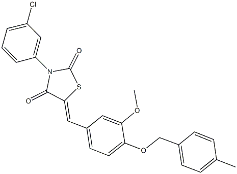 3-(3-chlorophenyl)-5-{3-methoxy-4-[(4-methylbenzyl)oxy]benzylidene}-1,3-thiazolidine-2,4-dione 化学構造式