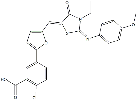 2-chloro-5-[5-({3-ethyl-2-[(4-methoxyphenyl)imino]-4-oxo-1,3-thiazolidin-5-ylidene}methyl)-2-furyl]benzoic acid Structure
