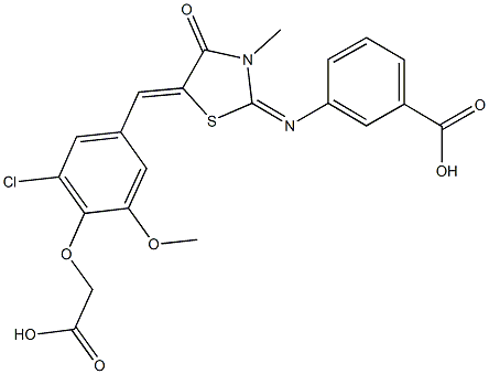 3-({5-[4-(carboxymethoxy)-3-chloro-5-methoxybenzylidene]-3-methyl-4-oxo-1,3-thiazolidin-2-ylidene}amino)benzoic acid Structure