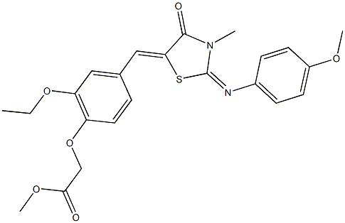 methyl [2-ethoxy-4-({2-[(4-methoxyphenyl)imino]-3-methyl-4-oxo-1,3-thiazolidin-5-ylidene}methyl)phenoxy]acetate Struktur