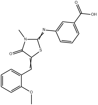 3-{[5-(2-methoxybenzylidene)-3-methyl-4-oxo-1,3-thiazolidin-2-ylidene]amino}benzoic acid 化学構造式