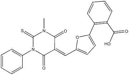 2-{5-[(1-methyl-4,6-dioxo-3-phenyl-2-thioxotetrahydro-5(2H)-pyrimidinylidene)methyl]-2-furyl}benzoic acid Struktur