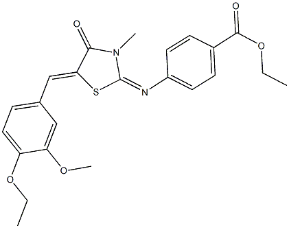 ethyl 4-{[5-(4-ethoxy-3-methoxybenzylidene)-3-methyl-4-oxo-1,3-thiazolidin-2-ylidene]amino}benzoate Struktur